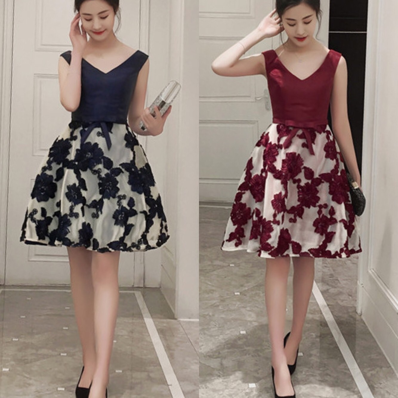 フラワーデザイン ミディアムフレアドレス 花柄 切り替え ノースリーブ ひざ丈 Vネック エレガント 上品 大人レディ シンプル 無地 レディース ２０１８年新作 定番 人気 およばれ 結婚式