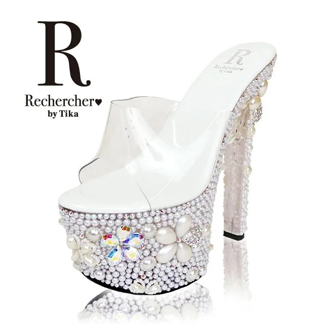 Rechercher ルシェルシェ キラキラ ビジュー オープントゥ パンプス ホワイト 17cmヒール キャバパンプス パンプス サンダル キャバサンダル ヒール 靴 キャバ ヒ 9,856円