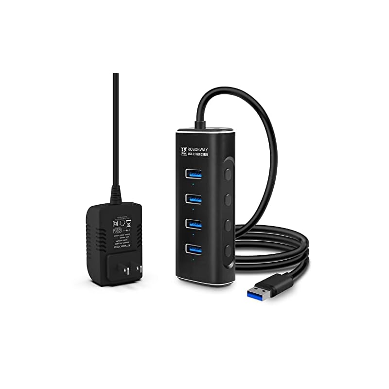 ROSONWAY USBハブ 3.1 Gen 2 電源付き 2022 改良 10Gbps アルミ製 4ポート 100cm ケーブル 付き USB HUB バスパワーとセルフパワー両用 5V ACアダプ