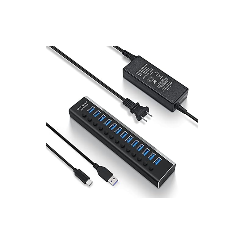 ROSONWAY USB ハブ 3.1 Gen2 10Gbps 13ポートアルミ製 72W USB HUB セルフパワー USBケーブルとType Cケーブル 付き 12V/6A ACアダプタ 独立ス