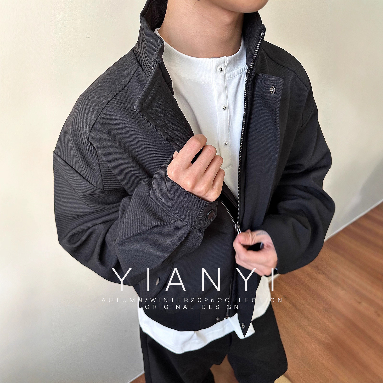 Emeメンズディングルtrハイエンドニッチスタンドカラー通勤カジュアルショートボックスジャケットtop