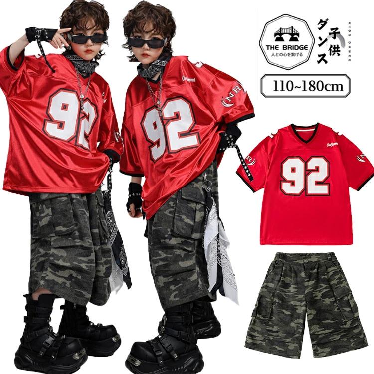 バスケットボールユニフォーム 赤 キッズダンス衣装 HIPHOP 練習着 ジャズダンス 演出服 迷彩柄 パンツ 緑 ステージ衣装 ファッション かっこいい セットアップ