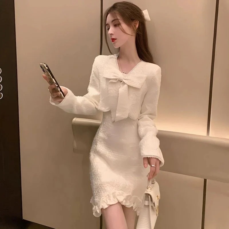 春秋冬秋二点セットキャミワンピースアウターセットアップレディース春秋冬服韓国ファッション可愛いリボンショートアウター通勤オフィス