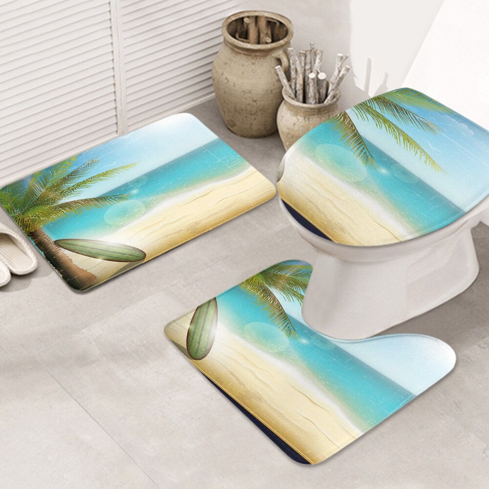 3ピースバスラグセット Ocean-beac-wit-surf-board お手入れが簡単 ノンスリップ 耐久性