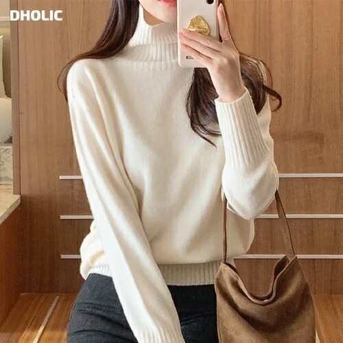 [メガ割りSALE]ウールリブハイネック長袖ニット