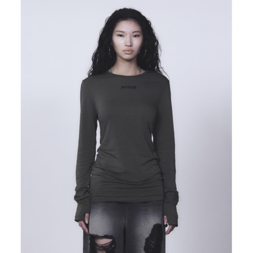 TREEMINGBIRD Basic Label Finger Hole Long Sleeves Charc