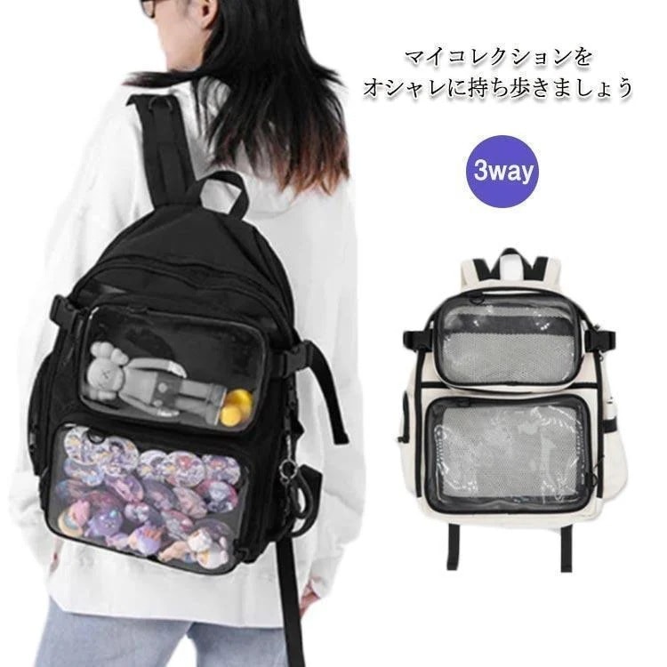 3way痛バッグリュックショルダーハンド大容量韓国缶バッチ通勤/通学痛バッグスクエア痛リュック推し活デコぬいぐるみバッグ