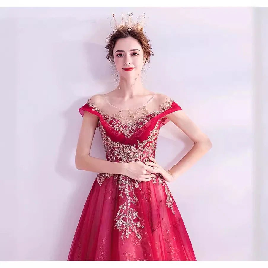 オフショルダーの赤いチュールドレス花嫁のための新しい春のスタイル乾杯のドレス年次総会の衣装芸術試験のパフォーマンスドレスウェディングドレス