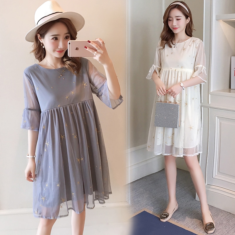 【送料無料】マタニティ ワンピース 授乳口付き ひざ丈 シフォン 星柄 シースルー 透け感