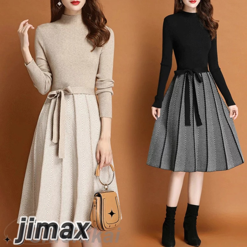 短納期 ニットワンピース レディース 40代 秋冬 きれいめ 膝丈ワンピース 長袖 リボン Aラインプリーツスカート ニット 結婚式ドレス 通勤 ロング 着痩せ オシャレ 3色