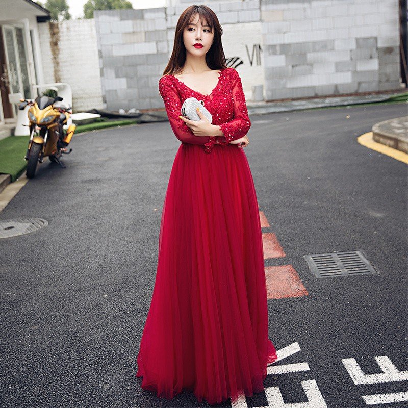 カラードレス 赤 長袖 ロングドレス 安い 演奏会 イブニングドレス 結婚式 花嫁 パーティードレス 9,232円