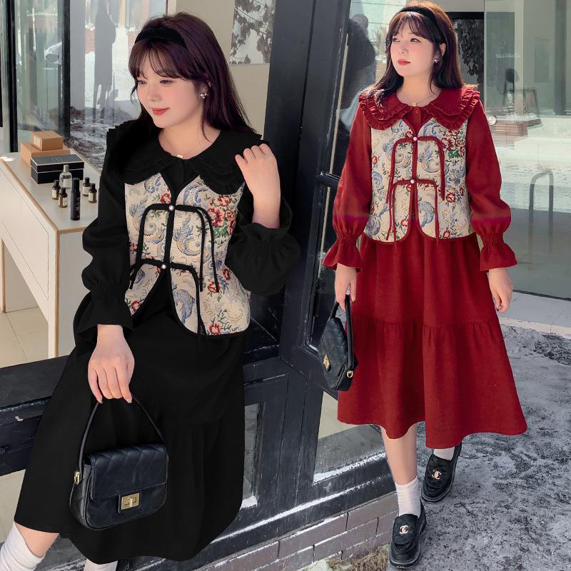 【ぽちゃまに】 2024秋新品 上下セット 中華風 ベスト＋スカート 体型カバー 大きいサイズ チャイナ風 レディース セットアップ メガ割30%までに制限