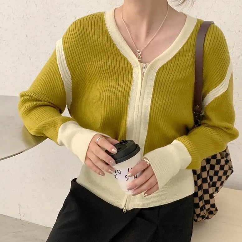 3color レディース 配色リブニットジップカーディガン トップス カーディガン