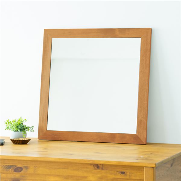 幅広枠正方形ウォールミラー（60）（ハニーブラウン／茶） 天然木 姿見鏡 ワイド 高級感 木製 飛散防止加工 壁掛け 北欧風 ヴィンテージ 韓国インテリア 玄関...
