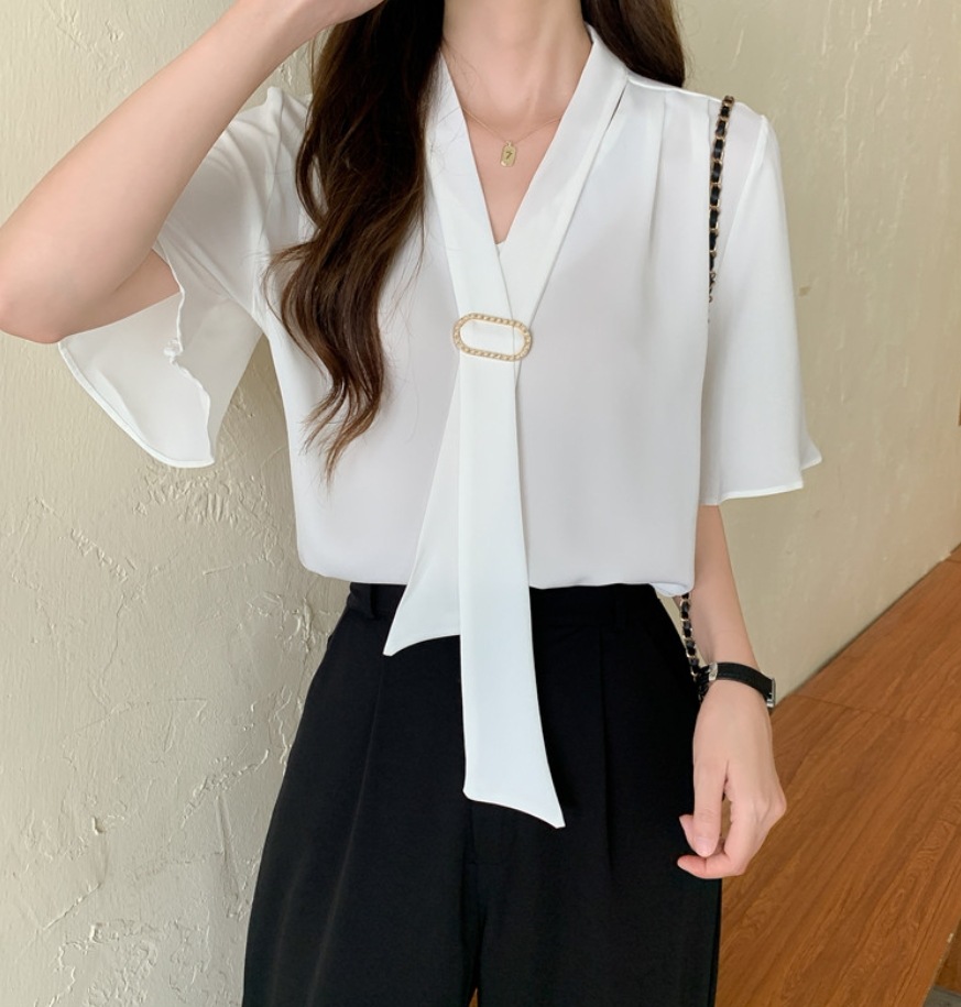 デート モテアイテム シャツ ブラウス 半袖 シフォン リボン 可愛い きれいめ 上品 おしゃれ かっこいい 可愛い ラブリー キュート ガーリー クール モード系 セクシー エレガント