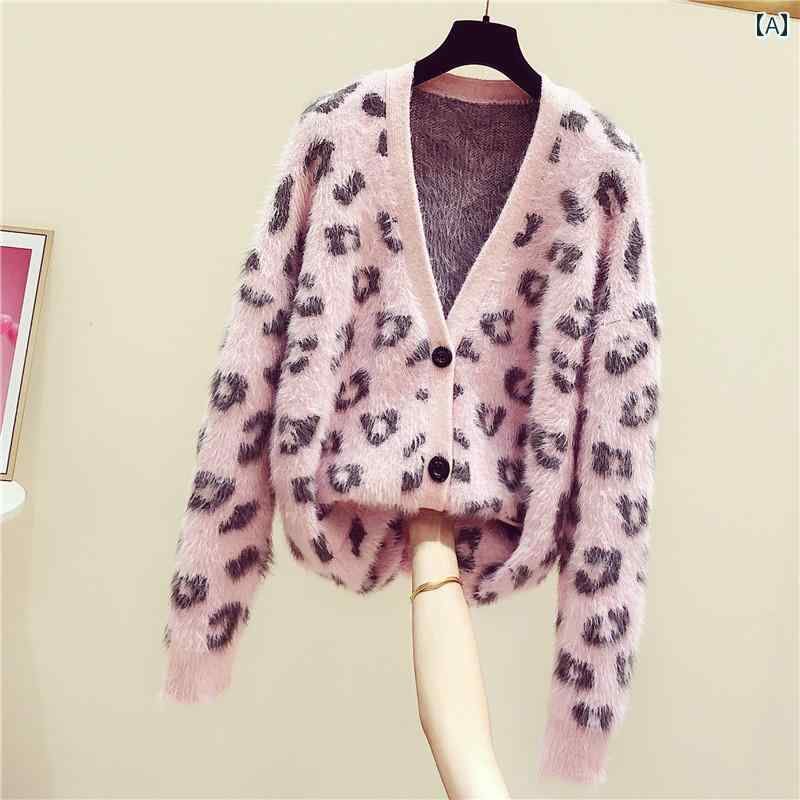 ニット レディース おしゃれ カーディガン カジュアル 秋冬 韓国 コート 丈 セーター ピンク ヒョウ柄