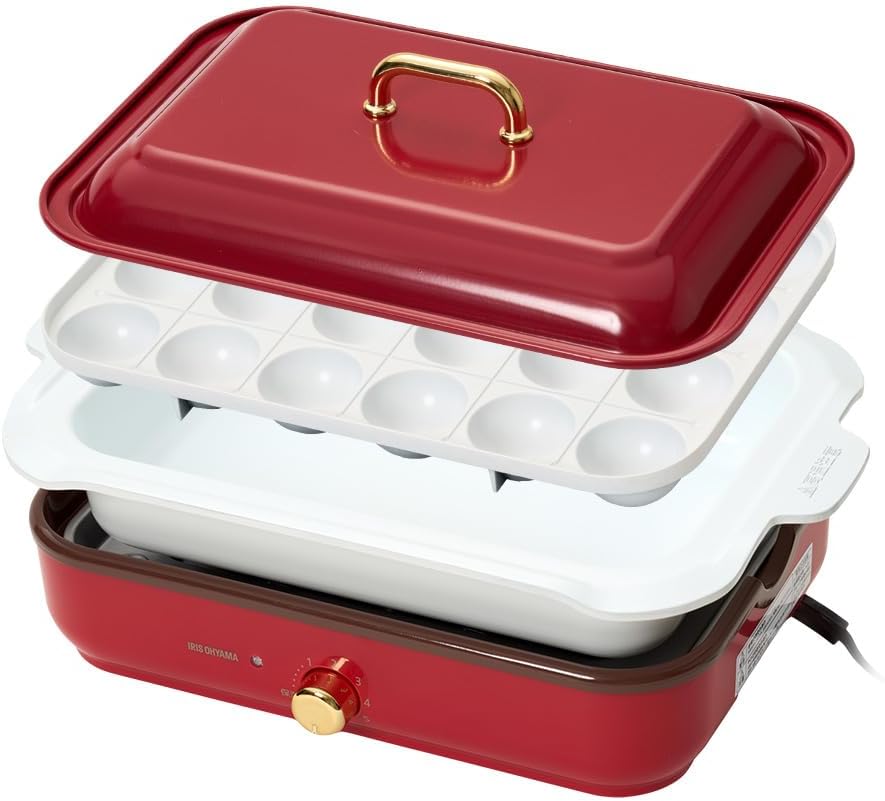 アイリスオーヤマ IRIS OHYAMA ホットプレート たこやき器 深鍋 2way 洗いやすい おしゃれ 温度調節機能付き 付き PHP-1002TC-R レッド