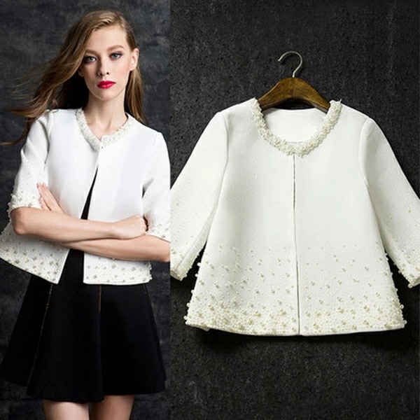 人気新品ノーカラージャケット　パール付き　ビジュー　5部袖　スプリング　入学式　通勤　お出掛け　結婚式　卒業式　卒園式大きいサイズ有　S～XXL（2L)02P03Dec16