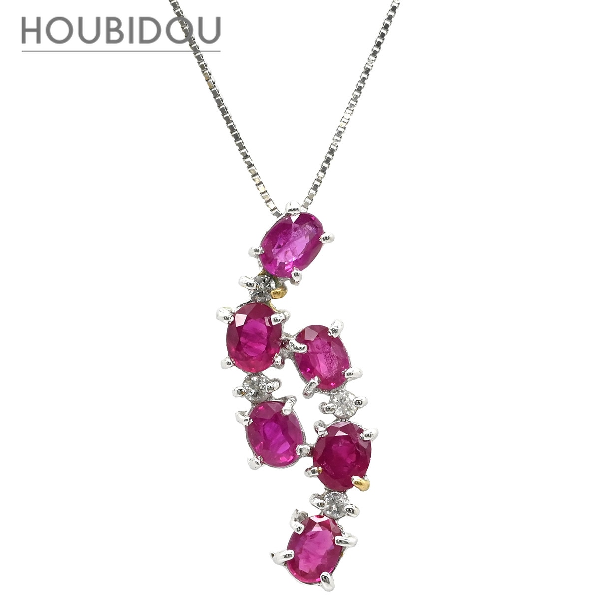 ネックレス ルビー 0.8ct ダイヤモンド ペンダント ホワイトゴールド 赤 レッド 6石 オーバルミックスカット 4Pダイヤ 【中古】