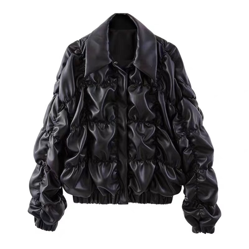 アウター ジャケット レザージャケット ミディアム丈 長袖 前開き 襟付き レザー ポケット かわいい 大人可愛い きれいめ シンプル 上品 おしゃれ かっこいい レトロ ラフ ルーズ こなれ感