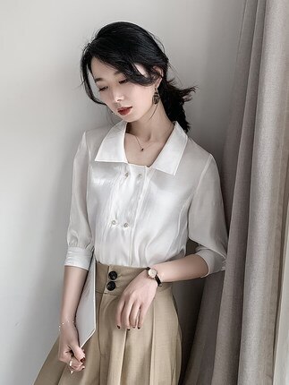 シャツ ブラウス カットソー レディース ５分袖 襟付き とろみ感 かわいい 大人可愛い きれいめ シンプル カジュアル 無地 春 夏 秋 学生 デート お出かけ オルチャンホワイト トップス
