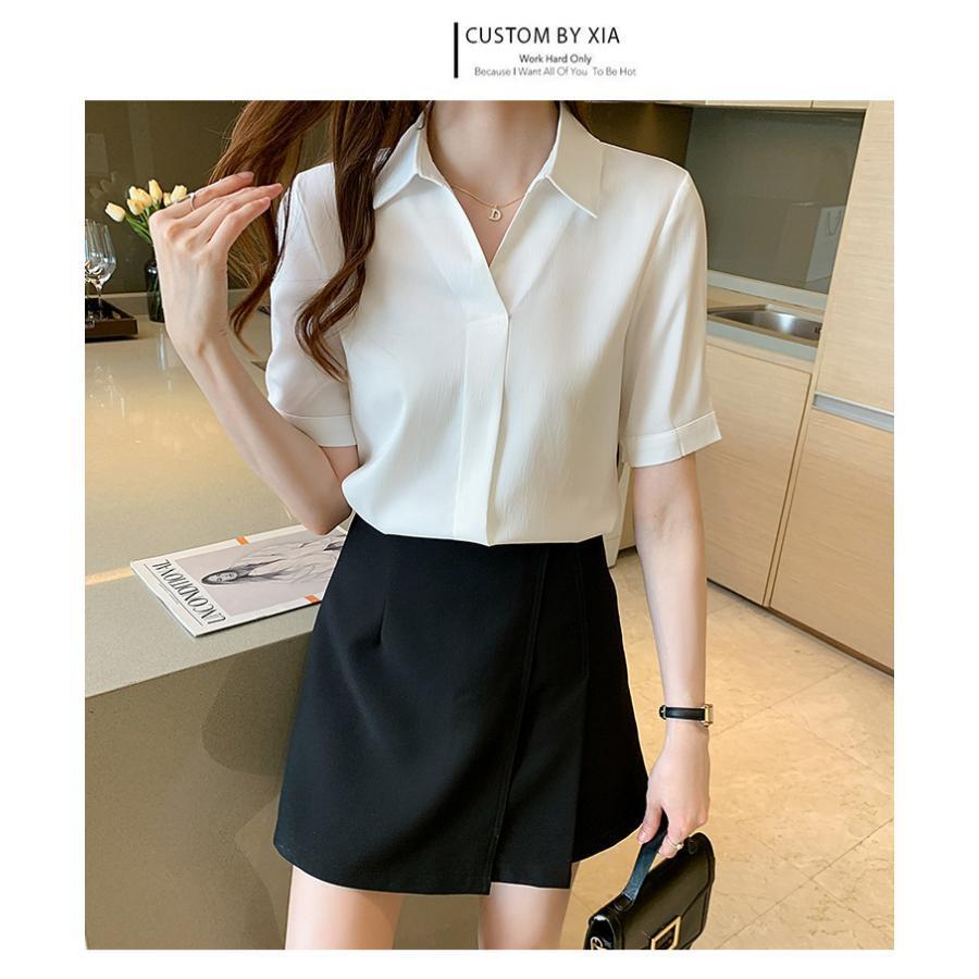 ブラウス レディース シャツ 夏 Vネック 半袖 シフォン オシャレ サラリーマン 白 上品 通勤 大人 OL トップス 30代40代50代 オフィス ビジネス