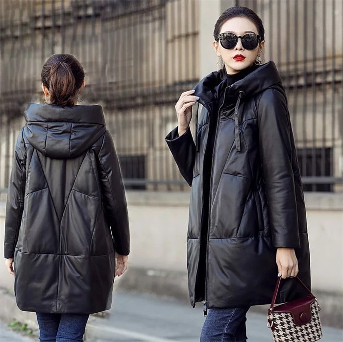 【送料無料】レザーコートミディアム丈ダウンコートラムレザーコート本革ダウン羊革コートレディースアウターフード付きレディースコートミディアム丈ダウンジャケット防寒アウター 11,200円