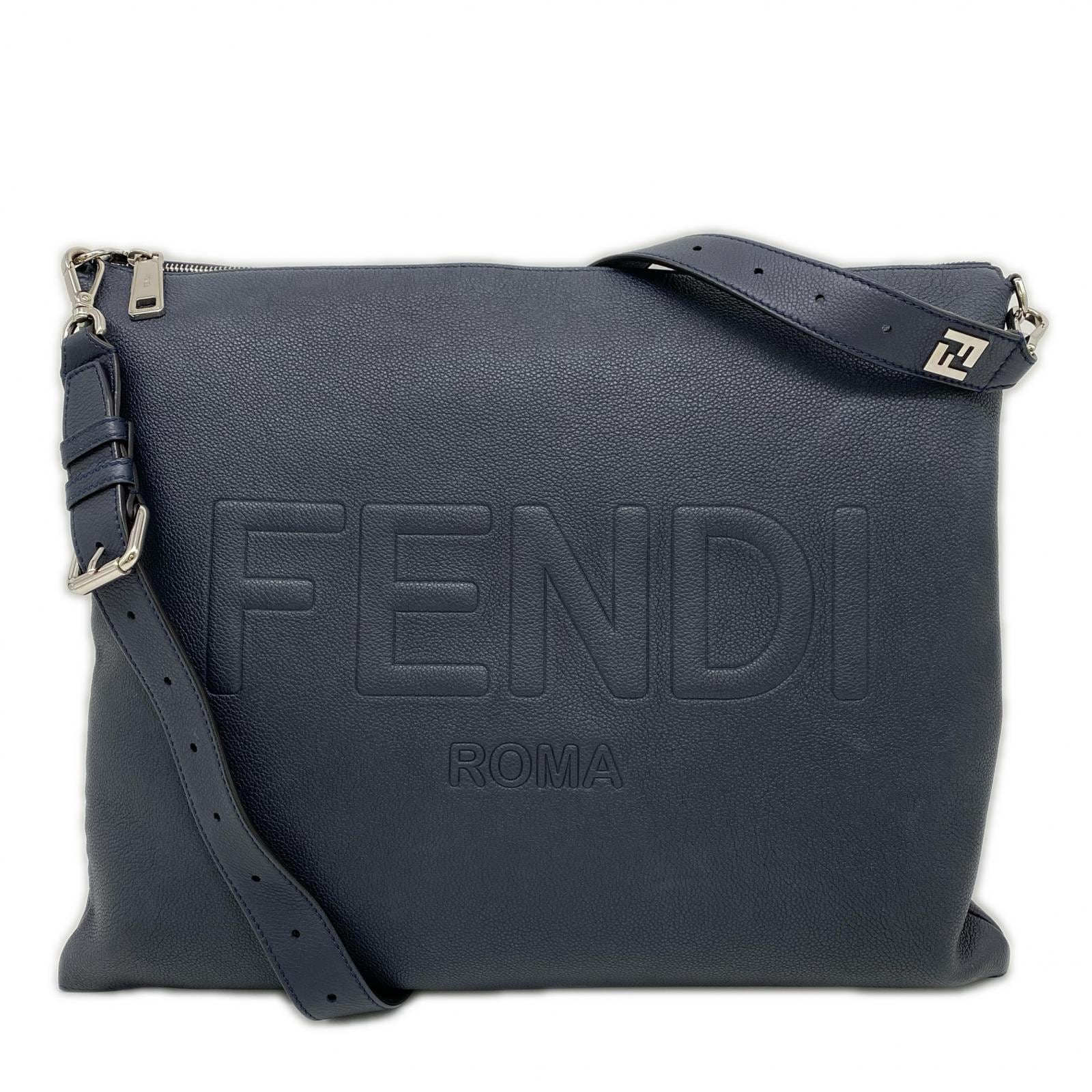 3日以内返品可 美品 ショルダーバッグ レザー ロゴ ショルダーバッグ 7VA604 ネイビー ブラウン レザー メンズ