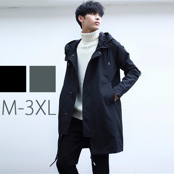 メンズ トレンチ コート フード付き ポケット付き ロング体型カバー 韓国風 ファッション 通勤