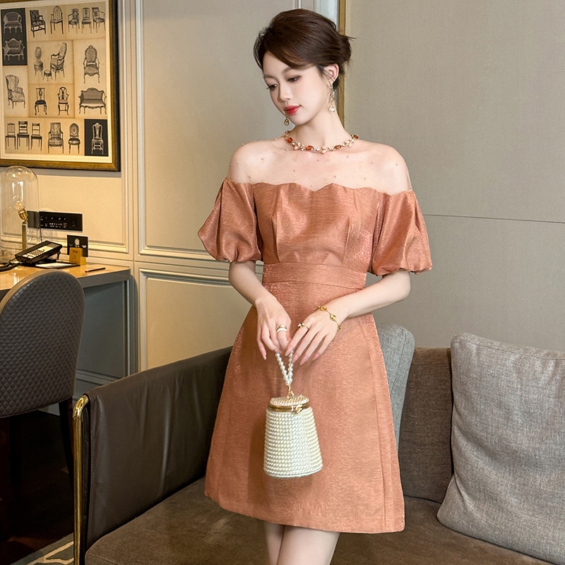 夏 ドレス 新作 パフスリーブ ウエスト引き締め パーティードレス レディース
