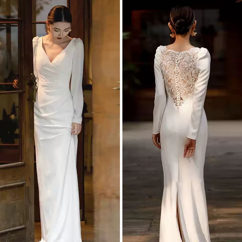 Vネック ロングドレス ウェディングドレス パーティードレス レディース ロングドレス 長袖 ファスナー ハイウエスト きれいめ シンプル 上品 エレガント ラグジュアリー 無地 秋 謝恩会 結婚式