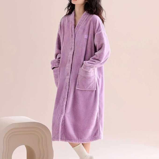 パジャマ ナイトウエア パジャマ ナイトガウン 長袖 Vネック 前開き ボタン 暖かい 厚手 ポケット ミディアム丈 収納 コンパクト 持ち運び 可愛い かわいい 大人可愛い きれいめ シンプル 上品