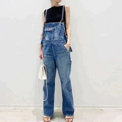 【期間限定】 切り替え スリット ストラップ デニム カジュアル サロペット デニムオール インワン
