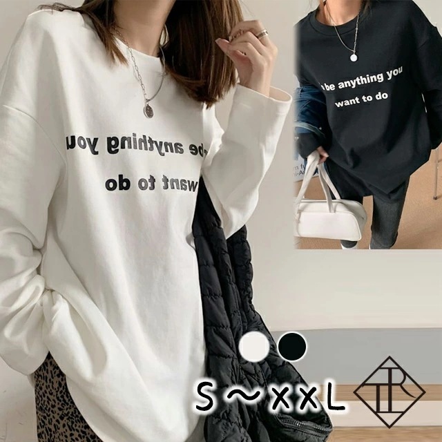 【即納】Tシャツ ロゴ レディース カットソー ティーシャツ ビッグ オーバーサイズ 長袖 ロングＴシャツ ロンＴ 大きいサイズ ゆるい ロゴプリント カジュアル 可愛い お洒落