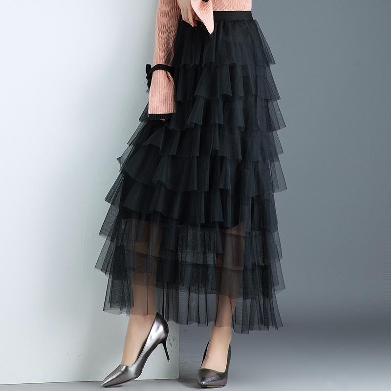 ティアードスカート ロング レディース ボトムス ガーリー マキシスカート 韓国 ファッション ハイウエスト プリーツ メッシュ Aライン 秋冬 ブラック ブルー ベージュ