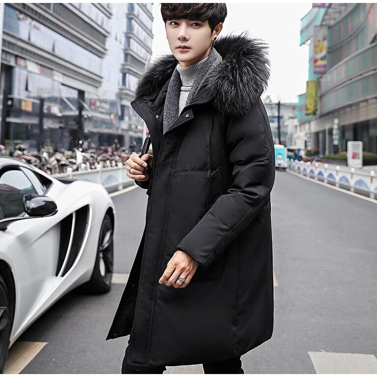 高品質ダウンコート フェイクファー アウター 暖かい ロング丈コート ダウンジャケット メンズ 2色 無地 防寒 厚手 秋冬 お洒落 スリム 冬服 フード付き