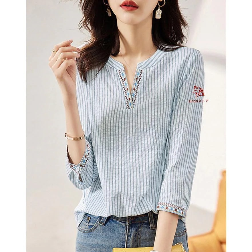 ブラウス レディース 刺繍 七分袖 トップス ストライプ柄 綿麻風 ブラウス Vネック プルオーバー 大きいサイズ ゆったり 体型カバー ｔシャツ 夏 きれいめ 無地