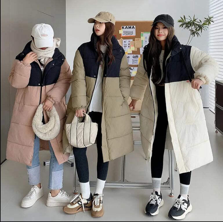 韓国系カラーパッチワーク中長期綿入れ女性綿入れ厚手綿入れコート