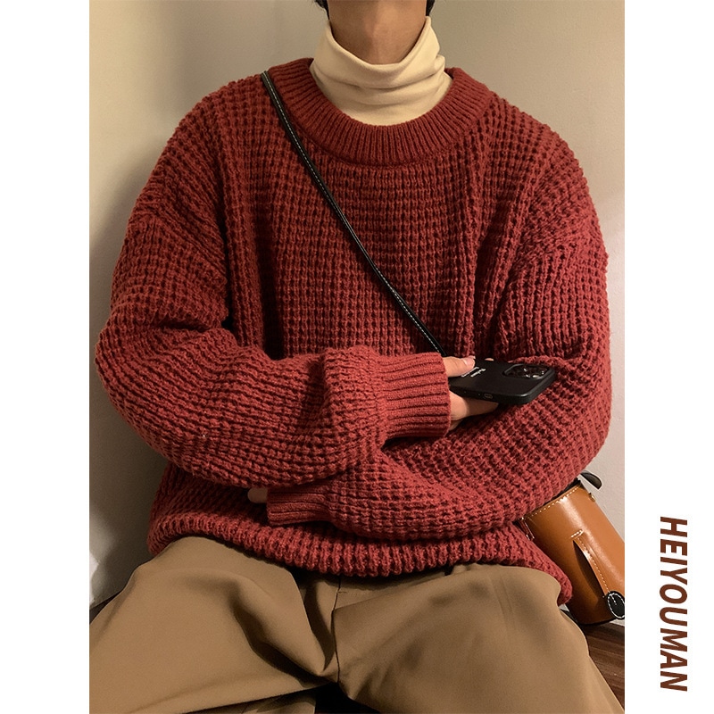 クリスマスレッドセーターカップルのラウンドネックワッフルボトムシャツルーズ香港スタイルデイリーカジュアルセータートレンド