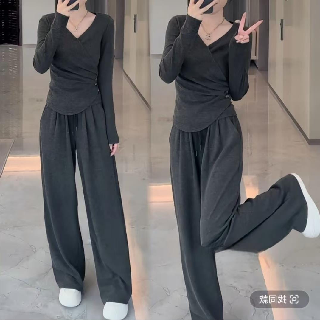 ハイエンドのカスタマイズ-280 グラムのコットンカシミヤ 2024 秋冬の新しいファッションスリムで怠惰なスタイルの万能トップスとワイドレッグパンツ 2 枚