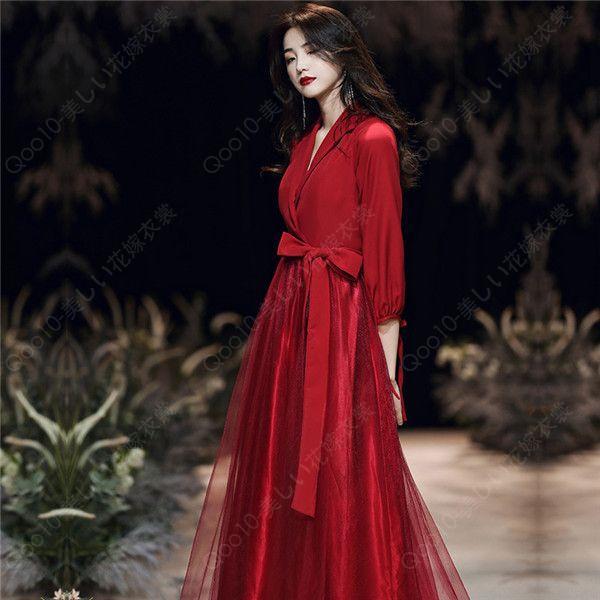 ロングドレス ワンピース 赤 レッド レディース ドレス 長袖 大人 ピアノ 発表会 パーティードレス フォーマル 結婚式 成人式 演奏会用ドレス 20代 30代 春 夏-21