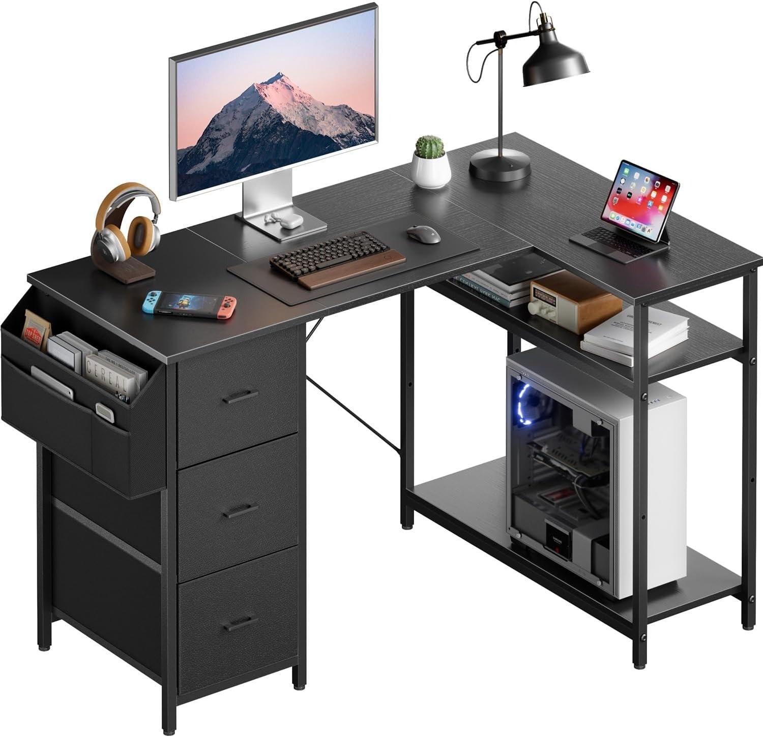 L字デスク パソコンデスク 幅120cm 棚板高さ調節 引き出し収納付き 勉強机 作業台