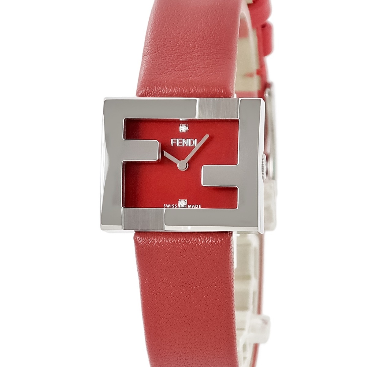 マニア レクタンギュラー F100101901 クオーツ レディース 未使用 ズッカフェイス 純正ダイヤ シルバー 赤 3年保証