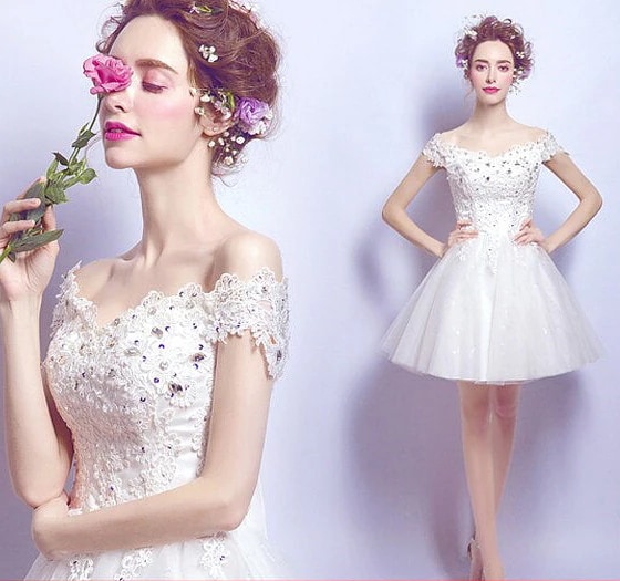 韓国ファッション 二次会 結婚式 パーティードレス フレンチレースの短い花嫁ウエディングドレス ウエディングドレス シンプルワンワードショルダー花嫁ウエディングドレスディナーパーティーパーティードレ