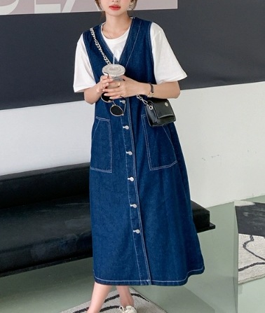レディース ワンピース デニム ロング 袖なし Vネック ストレート ブルーデニム かわいい 大人可愛い シンプル カジュアル おしゃれ ラフ 存在感 キュート アメリカン カントリー ナチュラル
