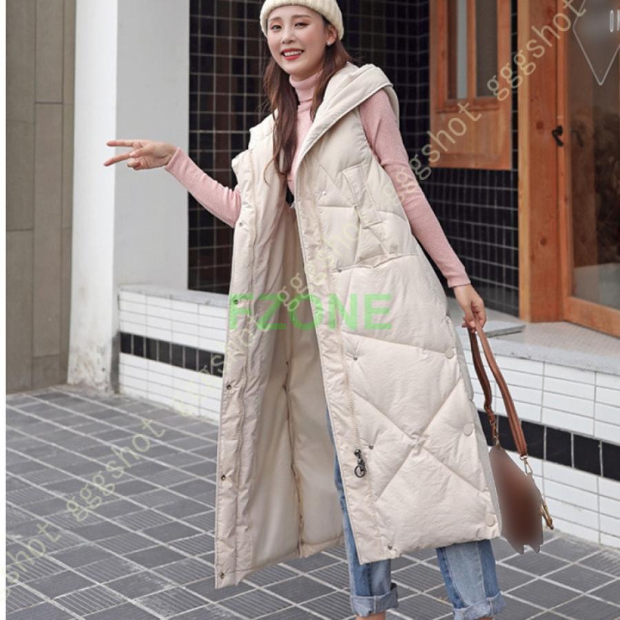 ダウンベスト ベスト レディース コート ダウン ロング 秋冬 中綿 防寒 軽量 フード付き 綿入れ ベスト スリム 着痩せ アウター 袖なし 韓国ファッション