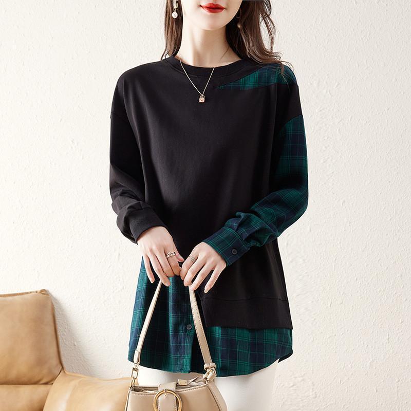 新作 Tシャツ レディース 長袖 フェイクレイヤード ブラウス 切り替え カットソー 体型カバー 着痩せ カジュアル お出かけ 秋 おしゃれ