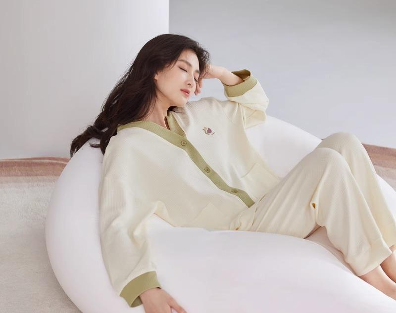 パジャマ レディース 上下セット 春秋 長袖 ルームウェア 前開き Vネック 大きいサイズ ウエストゴム 通気性 柔らかい 刺繍 母の日 プレゼント シンプル 白 青