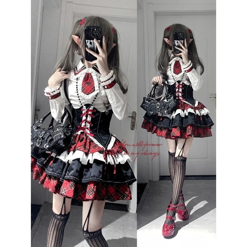 【急速発送】甘辛欲仙重工デザインセンスロリータハロウィンブラックレッドアメリカンギャルロックサブウェイ風セット秋の万能アイテム