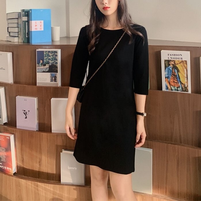 ワンピース 長袖 春夏 低身長 タイトワンピース ミニ ミニ丈 ショート ショート丈 膝丈 ひざ丈 膝上 ミモレ ミモレ丈 七分袖 Uネック ラウンドネック 襟なし タイト 黒 ブラック S M L 5,042円